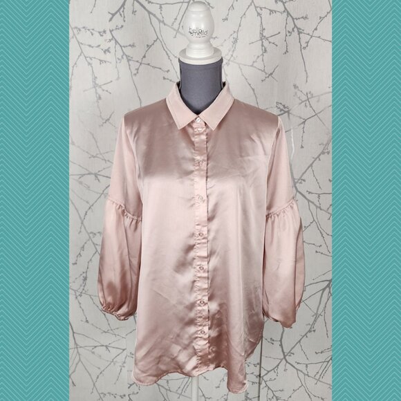 Laundry by Shelli Segal Blush Pink Satin Balloon Sleeve Button Up Blouse - Picture 1 of 4